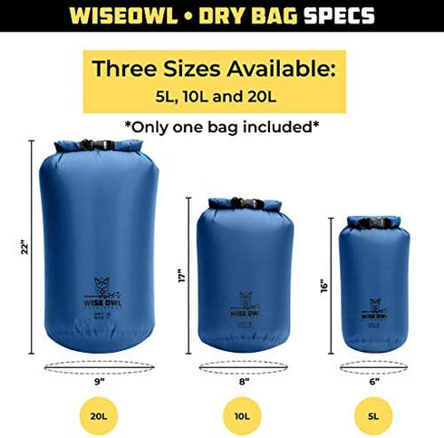 Wise Owl Outfitters Waterproof Dry Bag - Fully Submersible 1pk or 3pk Ultra Lightweight Airtight Waterproof Bags - 5L, 10L and 20L Sizes - Diamond Ripstop Roll Top Drybags