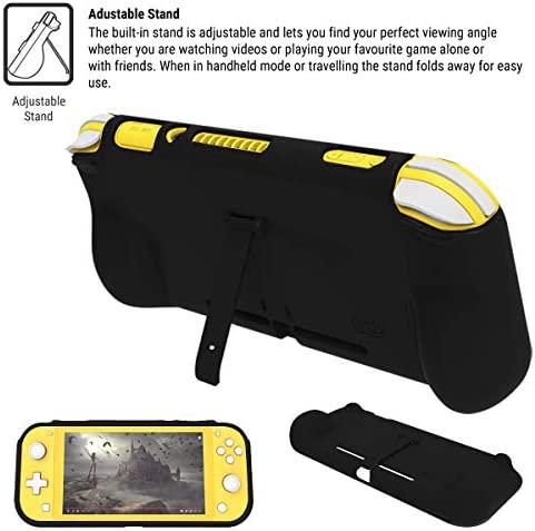 Orzly Grip Case for Nintendo Switch Lite – Case with Comfort Padded Hand Grips, Kickstand, Pack of Thumb Grips - Black
