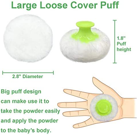 BPA Free Baby Powder Puff Box, Large 2.8" Fluffy Body After-Bath Powder Case, Baby Care Face/Body Villus Powder Puff Container, Makeup Cosmetic Talcum Powder Container with Hand Holder (Green)
