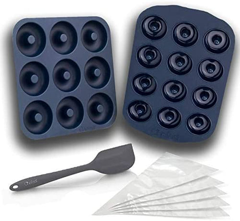 Chefast Silicone Donut Pans Combo Kit: Non-Stick Large and Mini Donut Pan Baking Molds, Spatula, and 5 Pastry Bags - for Full-Size and Small Donuts - Bagels and Doughnuts Maker Set