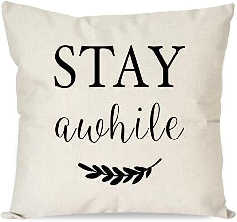 PANDICORN Set of 2 Farmhouse Throw Pillows Covers 18x18 with Quotes Stay Awhile Be Our Guest for Home Décor Living Room Outdoor Porch