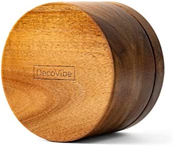 DecoVibe Acacia Salt Box Divided with Magnetic Swivel - 2-Compartment Wooden Spice Cellar - Elegant Wood Storage Keeper for Condiments, Seasoning, Pepper - Attached Spoon on Lid Cover - 3.9x3.9x2.5"
