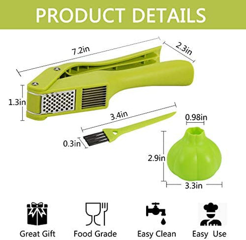 Garlic Press – 2-in-1 Garlic Mincer and Slicer – Large Garlic Presser Crusher with Cleaning Brush and Peeler – Food-Grade ABS and Stainless-Steel Garlic Press with Ergonomic Handle – Easy to use