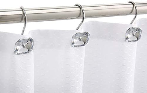 CHICTIE Diamond Shower Curtain Hooks,White Crystal Decorative Shower Curtain Rings,Set of 12 Stainless Steel Rust-Proof Square Rhinestones Shower Hooks Hangers for Bathroom