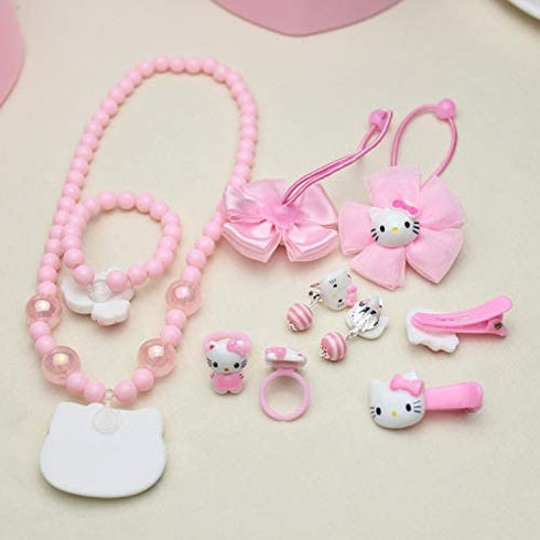 Hello Kitty Jewelry Set, Hello Kitty 12 Pieces Pink Kitty Jewelry- Hello Kitty Necklace, Earring, Bracelet, Hair Accessory, Kitty Cat Ring etc, Pink Hello Kitty Accessories, Birthday Gift for Women.