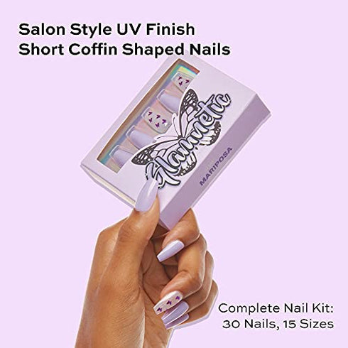 Glamnetic Press On Nails - Mariposa | Glossy Short Coffin Nails with Salon UV Finish, Reusable Opaque Nails in 12 Sizes - 30 Nail Kit with Glue