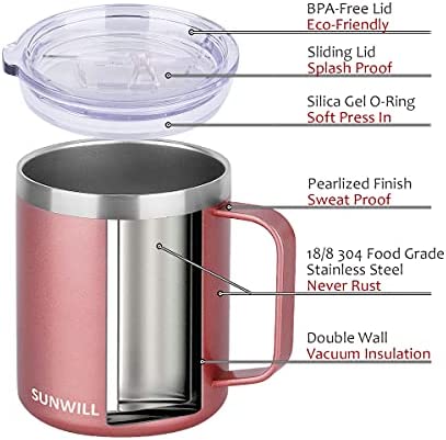 SUNWILL Coffee Mug with Handle, 14oz Insulated Stainless Steel Coffee Travel Mug, Double Wall Vacuum Reusable Coffee Cup with Lid, Rose Gold
