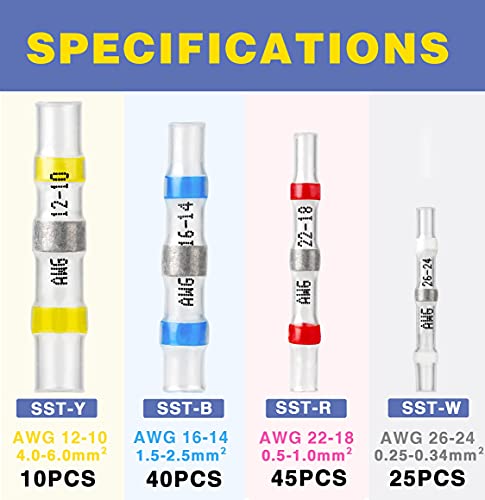 haisstronica 120PCS Solder Seal Wire Connectors-Marine Grade Heat Shrink Wire Connectors-Heat Shrink Butt Connectors-Butt Splice Wire Connectors for Stereo,Electrical with Corrosion and Weatherproof