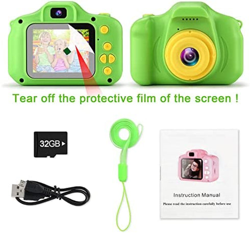GKTZ Kids Digital Camera, Upgrade Selfie Camera 12MP Toddler Camera Children Video Camcorder, Birthday Gifts for Boys and Girls Age 3 4 5 6 7 8 9 with 32GB SD Card - Green