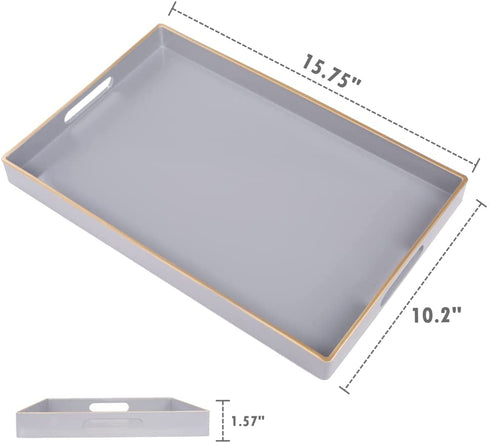 MAONAME Grey Serving Tray with Handles, Modern Decorative Tray for Coffee Table, Plastic Rectangular Tray for Ottoman, Bathroom, Decor, 15.75 x 10.2 x1.57