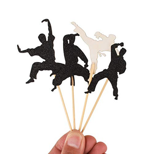 Donoter 48 Pcs Glitter Martial Arts Cupcake Toppers Karate Taekwondo Cake Picks for Kids Birthday Party Table Decorations
