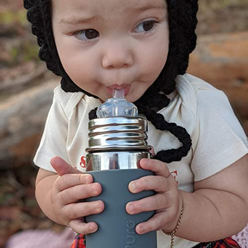 Pura Kiki 11oz/325ml Stainless Steel Sippy Cup Bottle w/ Sleeve, Plastic-Free, MadeSafe Certified, Medical-Grade XL Silicone Sipper Spout Fast Flow Rate for Kids, Toddlers, Babies & Infant - Slate