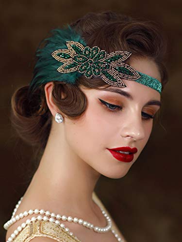 SWEETV 1920s Flapper Feather Headband, 20s Sequined Showgirl Headpiece, Gatsby Hair Accessories for Women (Dark Green)