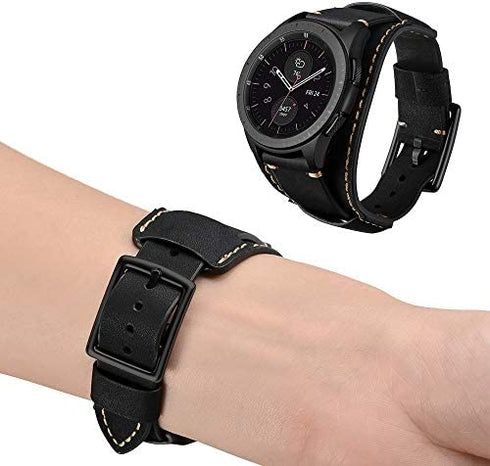 CooBES Compatible with Samsung Galaxy Watch 46mm/Galaxy Watch 3 45mm/Gear S3 Frontier/Classic Bands, 22mm Genuine Leather Cuff Bracelet Replacement Strap with Stainless Steel Buckle Men Women (Black)