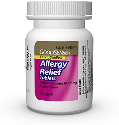 GoodSense Allergy Relief Diphenhydramine HCl 25 mg, Antihistamine Tablets for Symptoms Due to Hay Fever and Upper Respiratory Allergies, 100 Count
