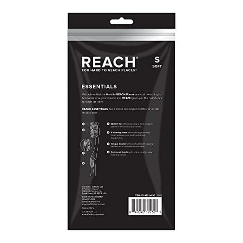 REACH Essentials Toothbrush with Toothbrush Caps, Multi-Zoned Angled Soft Bristles, Contoured Handle, Tongue Scraper, 6 Count (Pack of 1)