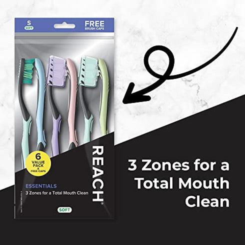 REACH Essentials Toothbrush with Toothbrush Caps, Multi-Zoned Angled Soft Bristles, Contoured Handle, Tongue Scraper, 6 Count (Pack of 1)