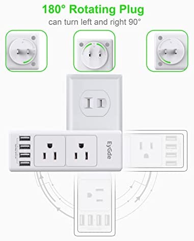 2 Prong Power Strip with Rotating Plug, EyGde Multi Plug Outlet Extender, Multiple Outlet Splitter(3 Sided 6 Sockets) and 4 USB Ports, Wall Adapter Surge Protector (1700J) for Travel, Office, White