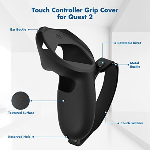 KIWI design Controller Grips Compatible with Quest 2 Accessories, Silicone Grip Cover Protector with Knuckle Straps (Black, 1 Pair)