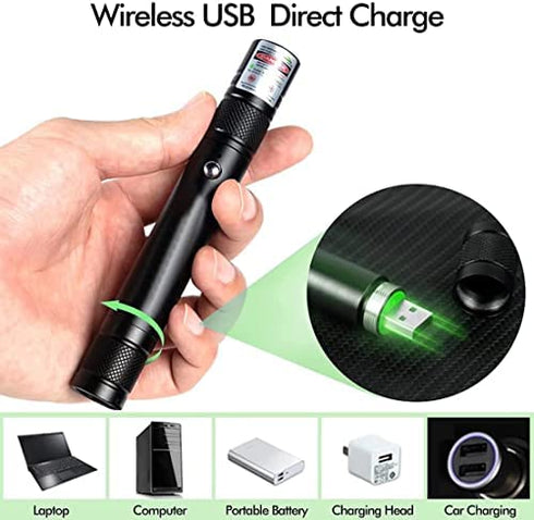 Cyahvtl Green Laser Pointer, 2000 Metres Long Range High Power Handheld Flashlight, Rechargeable Laser Pointer for USB, with Star Cap Adjustable Focus Suitable for Projecto