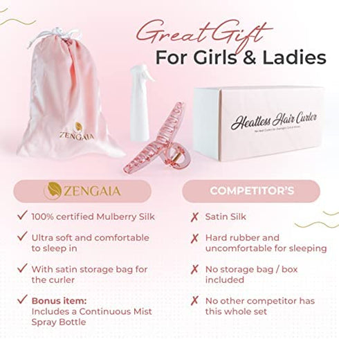Zengaia Silk Heatless Hair Curler- No Heat Curlers for Overnight Curls & Waves 100% Pure Momme Mulberry Silk Make Hair Curly While You Sleep - Soft Headband Continuous Spray Bottle