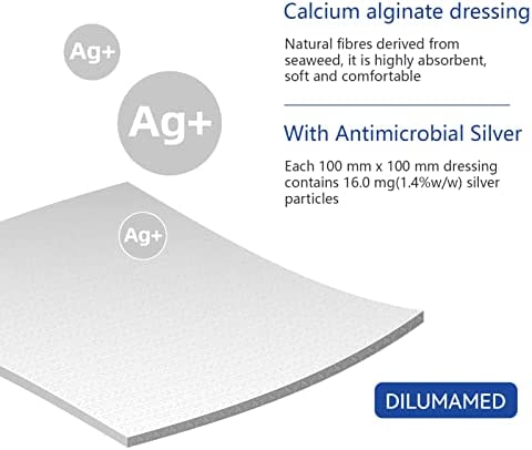DILUMAMED Silver Calcium Alginate Wound Dressing 4"x4"(Pack of 12), High Absorption Bandage Patch for Bed Sore, Pressure Sore, Leg Ulcer, Diabetic Foot Wound Care