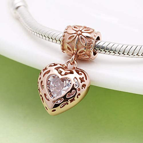 ABUN Rose Gold Heart Dangle Charms with Clear CZ Stone 925 Sterling Silver Love Bead for Bracelet