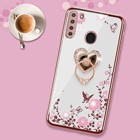 B-wishy for Samsung Galaxy A21 Case for Women, Glitter Crystal Butterfly Heart Floral Slim TPU Luxury Bling Cute Protective Cover with Kickstand+Strap for A21(Rose Gold)