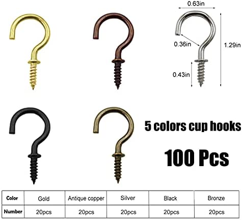 IDEALSV 100 Pcs Cup Hooks 7/8 Inch Screw Ceiling Hooks Christmas Lights Hooks Patio Hanging Hooks Jewelry Hooks 5 Colors Gold,Bronze,Black,Antique Copper,Silver