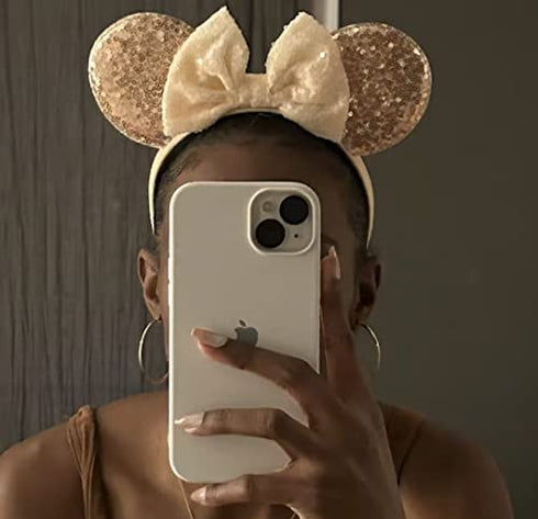 CLGIFT Beige Minnie Ears, Ivory Cream Minnie Ears, Silver White Minnie Ears, Mouse Ears,Classic Silver Mickey Ears (Rose Gold)