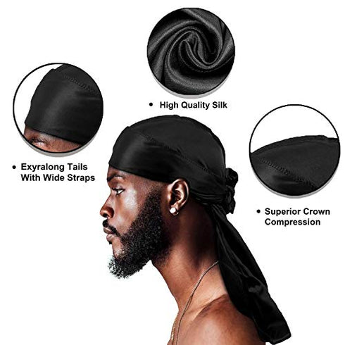 Black Silky Durag Pack - SupGene 4Pcs Black Silk Durag for Men Women with Silky Wave Cap, Satin Headwraps Set