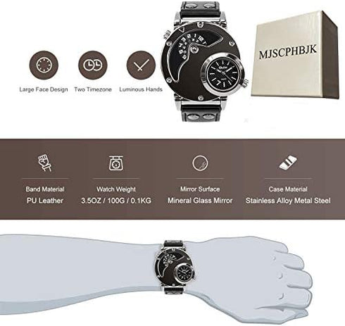 MJSCPHBJK Men's Unique Analog Watch, Waterproof Fashion Dress Quartz Wrist Watch with Dual Dial Cool Design Leather Band Dual Time Watches
