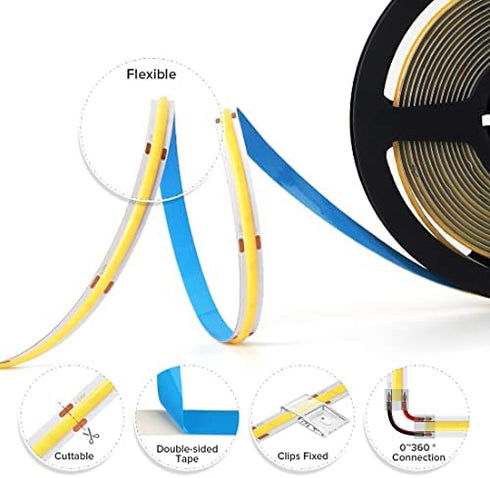 BTF-LIGHTING FCOB COB Flexible High Density Uniform Light LED Strip 10W/m 16.4FT DC24V Warm White 3000K CRI 90+ 8mm Width Dimmable LED Ribbon for Bedroom Kitchen Home Indoor Decoration