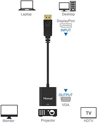 Moread DisplayPort (DP) to VGA Adapter, Gold-Plated Display Port to VGA Adapter (Male to Female) Compatible with Computer, Desktop, Laptop, PC, Monitor, Projector, HDTV - Black