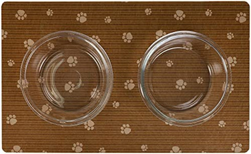 Drymate Pet Bowl Placemat, Dog & Cat Food Feeding Mat - Absorbent Fabric, Waterproof Backing, Slip-Resistant - Machine Washable/Durable (USA Made) (12” x 20”) (Brown Stripe Tan Paw)