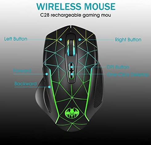 Wireless Gaming Mouse, VEGCOO C8 Rechargeable Wireless Mouse with 2.4G USB Receiver, 3 Level DPI, 400mah Lithium Battery, 7 Buttons, 7 Colors LED Lights for PC/Mac Gamer, Laptop and Desktop…