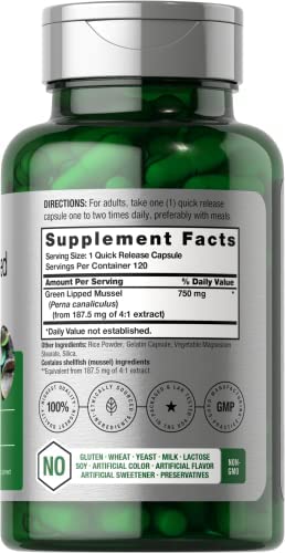 Green Lipped Mussel | 750 mg | 120 Capsules | from New Zealand | Premium Freeze Dried Mussel Powder | Non-GMO and Gluten Free | by Horbaach