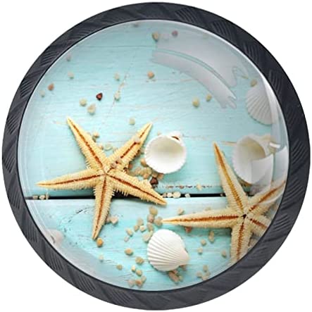 4 Pcs 35mm Seashell Starfish On Teal Wooden Background Cabinet Knobs Round Crystal Glass Drawer Handles Pull with Screws for Home, Office, Kitchen, Bathroom Cabinet, Dresser, Cupboard (1-3/8 Inches)