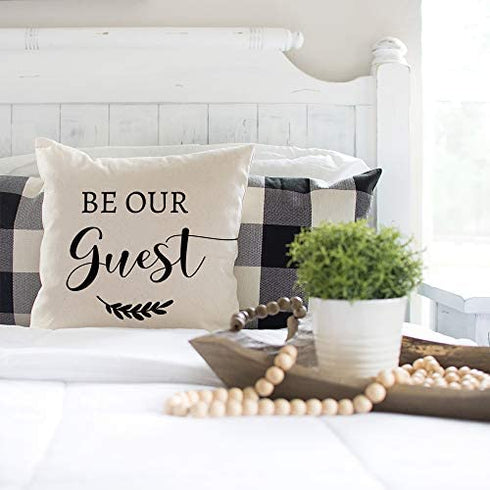 PANDICORN Set of 2 Farmhouse Throw Pillows Covers 18x18 with Quotes Stay Awhile Be Our Guest for Home Décor Living Room Outdoor Porch