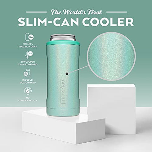 BrüMate Hopsulator Slim Can Cooler Insulated for 12oz Slim Cans | Skinny Can Coozie Insulated Stainless Steel Drink Holder for Hard Seltzer, Beer, Soda, and Energy Drinks (Glitter Aqua)