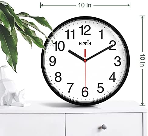 Hippih Clock Black Wall Clock Silent Non Ticking Quality Quartz - 10 Inch Round Easy to Read for Home Office & School Decor Clock