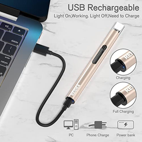 REIDEA Electronic Candle Lighter Arc Windproof Flameless USB Rechargeable Lighter with Safe Button for Home Kitchen Champagne Gold S4