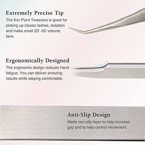 Eyelash Extension Tweezers for Individual and 3D 5D 6D Volume Lashes Curved Point Professional Stainless Steel Precision Lash Extension Tweezers