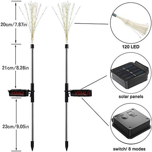 2Pack Solar Firework Lights Outdoor 120LED Garden Decorative Starburst Lamp Powered Copper Wire Fairy String Stake Landscape Waterproof DIY Flowers Sparklers Lighting for Christmas Walkway Warm White