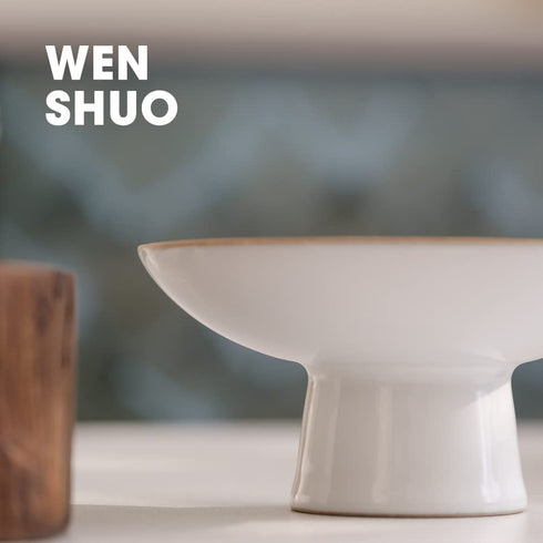 WENSHUO Moon White Glaze Ceramic Plate, Dessert Dish with Pedestal, Trifle/Fruit, Asian Style