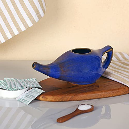 Ceramic Neti Pot, Premium Handcrafted Durable, Dishwasher Safe, for Nasal Cleansing + 5 Sachet Neti Salt, 225 Ml. (7.6 FL Oz) Capacity - Elegant Blue Gradient Color