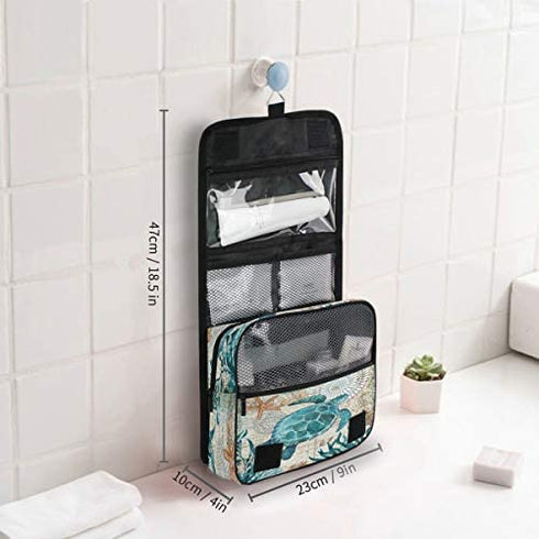Sea Turtle Retro Map Hanging Toiletry Bag Ocean Nautical Makeup Bag Travel Cosmetic Bag Pouch Waterproof Accessories Organizer Large Portable Wash Gargle Bag for Women Girls Kids Gifts