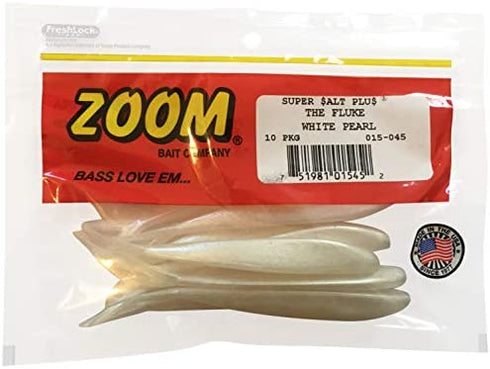 Bundle: Zoom Fluke Bait Lures - 4 1/4" Watermelon Seed 10 Pack, 4 1/4" White Pearl 10 Pack, 4 1/4" Smokin Shadow 10 Pack and 4 1/4" Baby Bass 10 Pack
