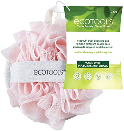 EcoTools EcoPouf Dual Cleansing Pad, Multipurpose Gentle Cleansing Body Scrubber, 2-In-1 Bath Sponge, Exfoliating for Shower & Bath, Recycled Netting, Vegan & Cruelty-Free, Pink, 4 Count