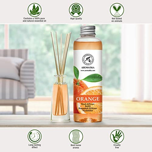 Orange Reed Diffuser Refill 6.8 Fl Oz - Room Fragrance Diffuser w/ Natural Essential Orange Oil - Best for Aromatherapy - Reed Diffuser Oil Refill Orange - Home - Office - Restaurant - Boutique